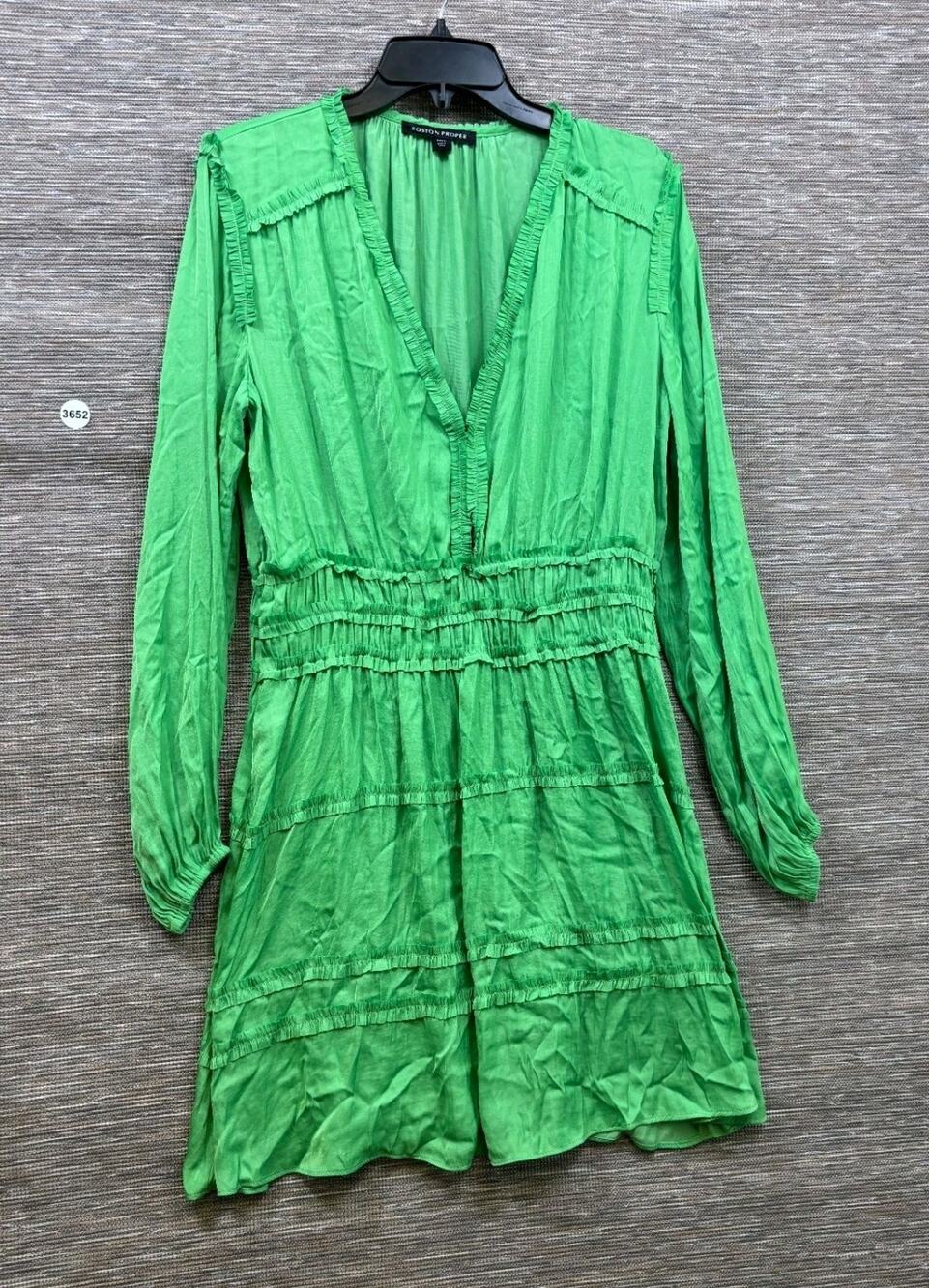Boston Proper Ruffle Fit & Flare Dress Size L Green Smocked Boho Peasant Slip